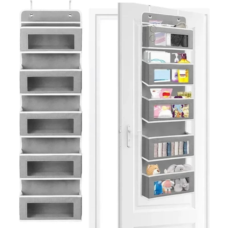 Grey 5-shelf over-the-door hanging organizer empty and filled with various household items