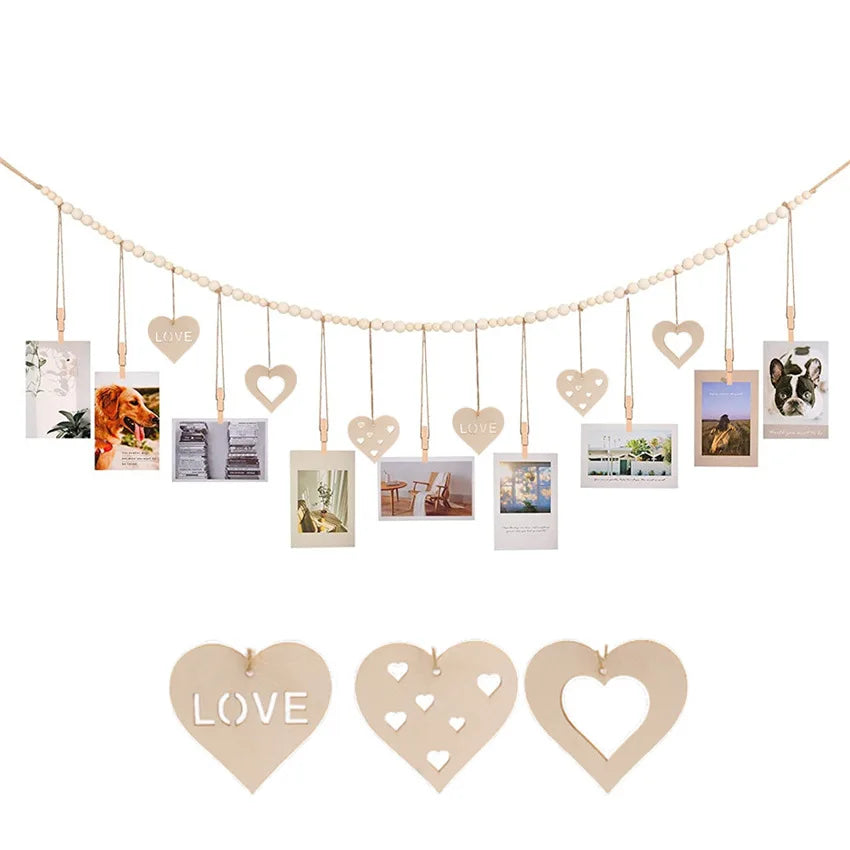 Willow Bead Garland Photo Display – Natural Wood Wall Hanging