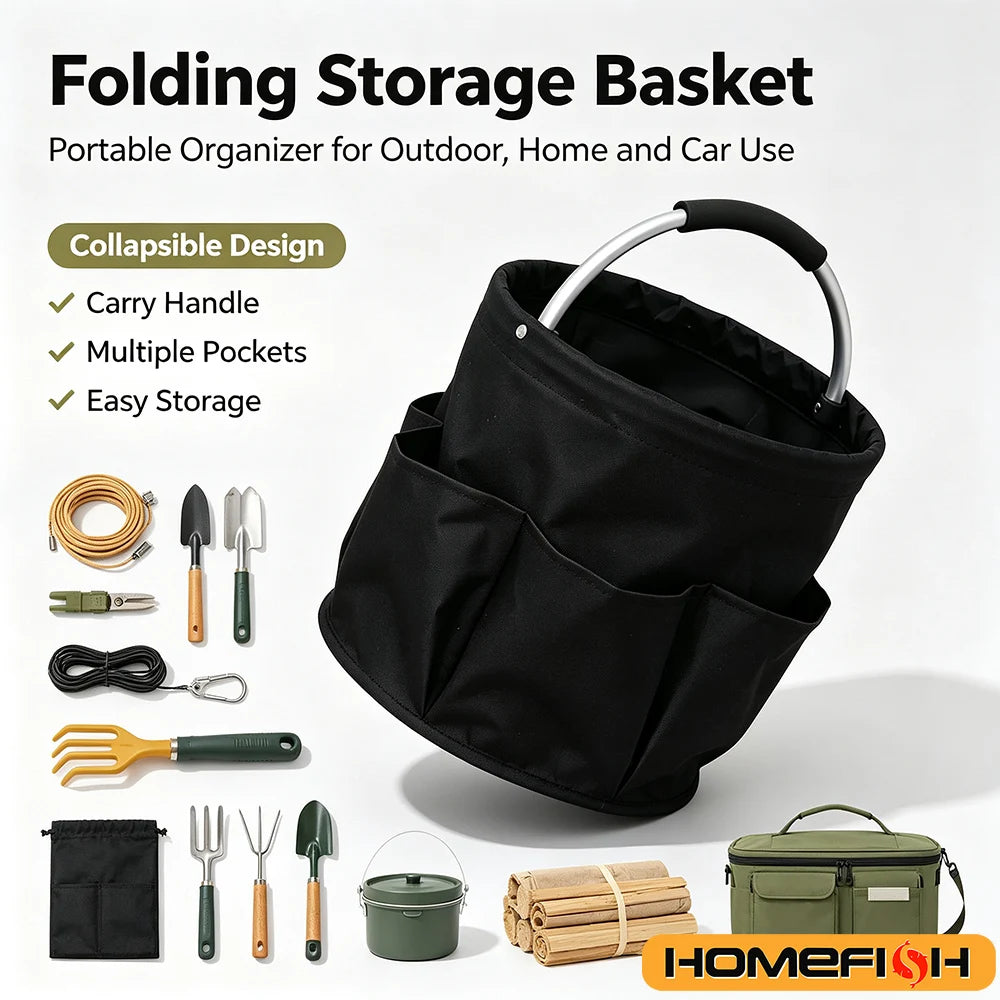 Black folding storage organizer bag with carry handle, multiple side pockets, and examples of stored tools and supplies