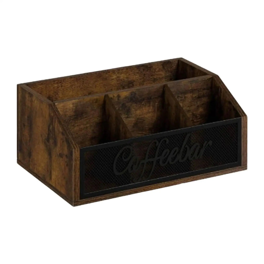 empty wood and metal coffee bar organizer with four compartments