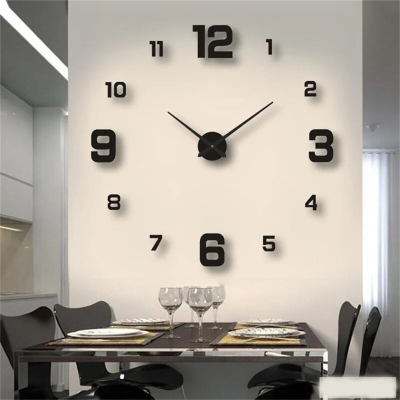 Black frameless 3D wall clock sticker arranged above a dining table in a modern dining room