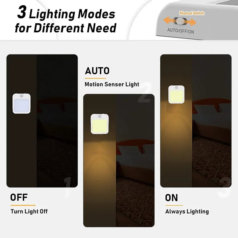Three lighting modes (off, auto motion detection, always on) shown for night light usage