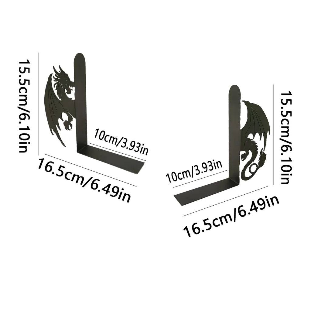 Dimensions and side view of black metal dragon bookends showing size in centimeters and inches