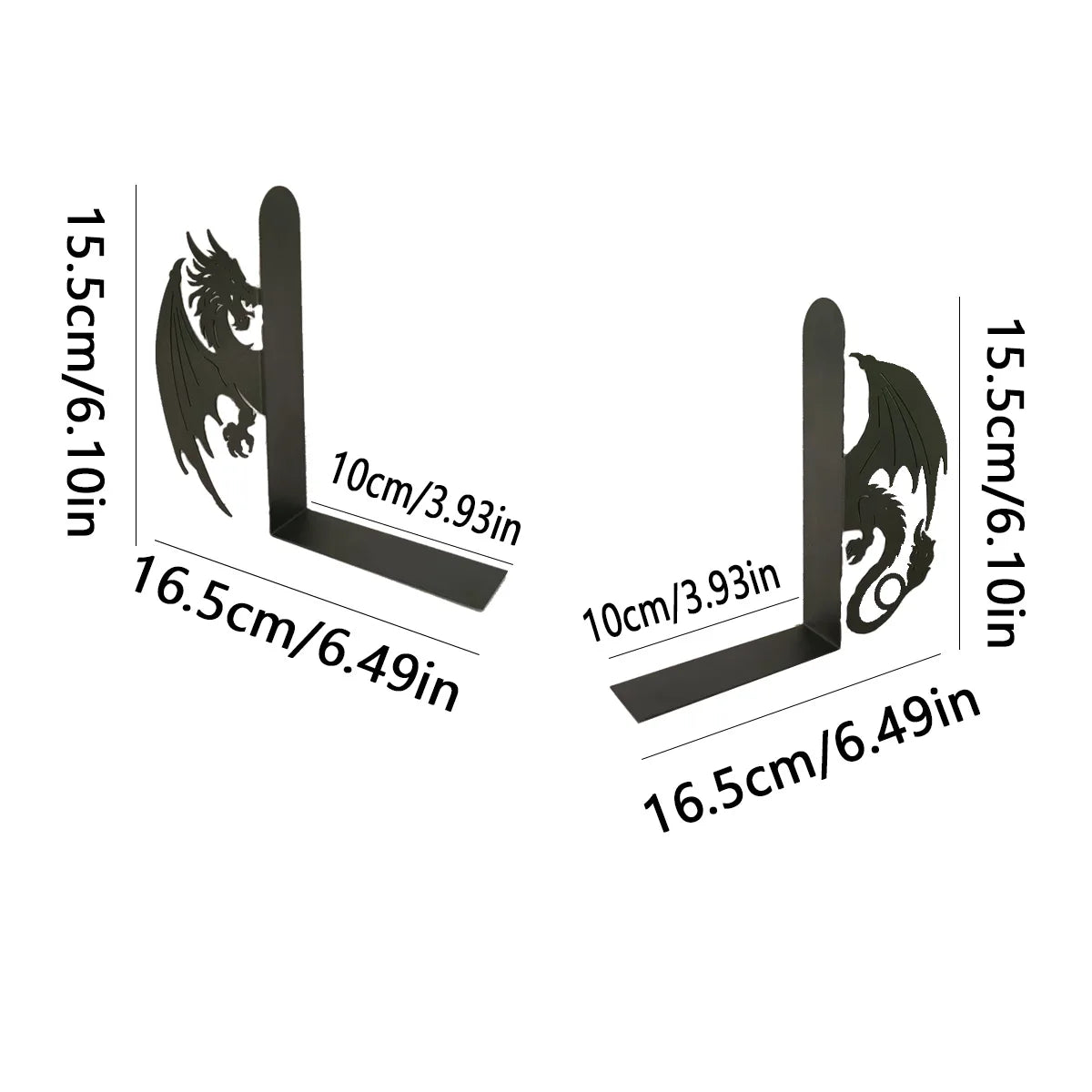 Dimensions and side view of black metal dragon bookends showing size in centimeters and inches