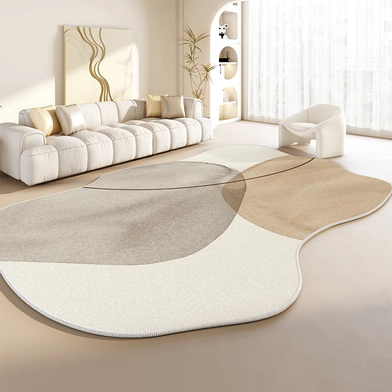 Irregular shapes plush rug with abstract neutral design in modern living room
