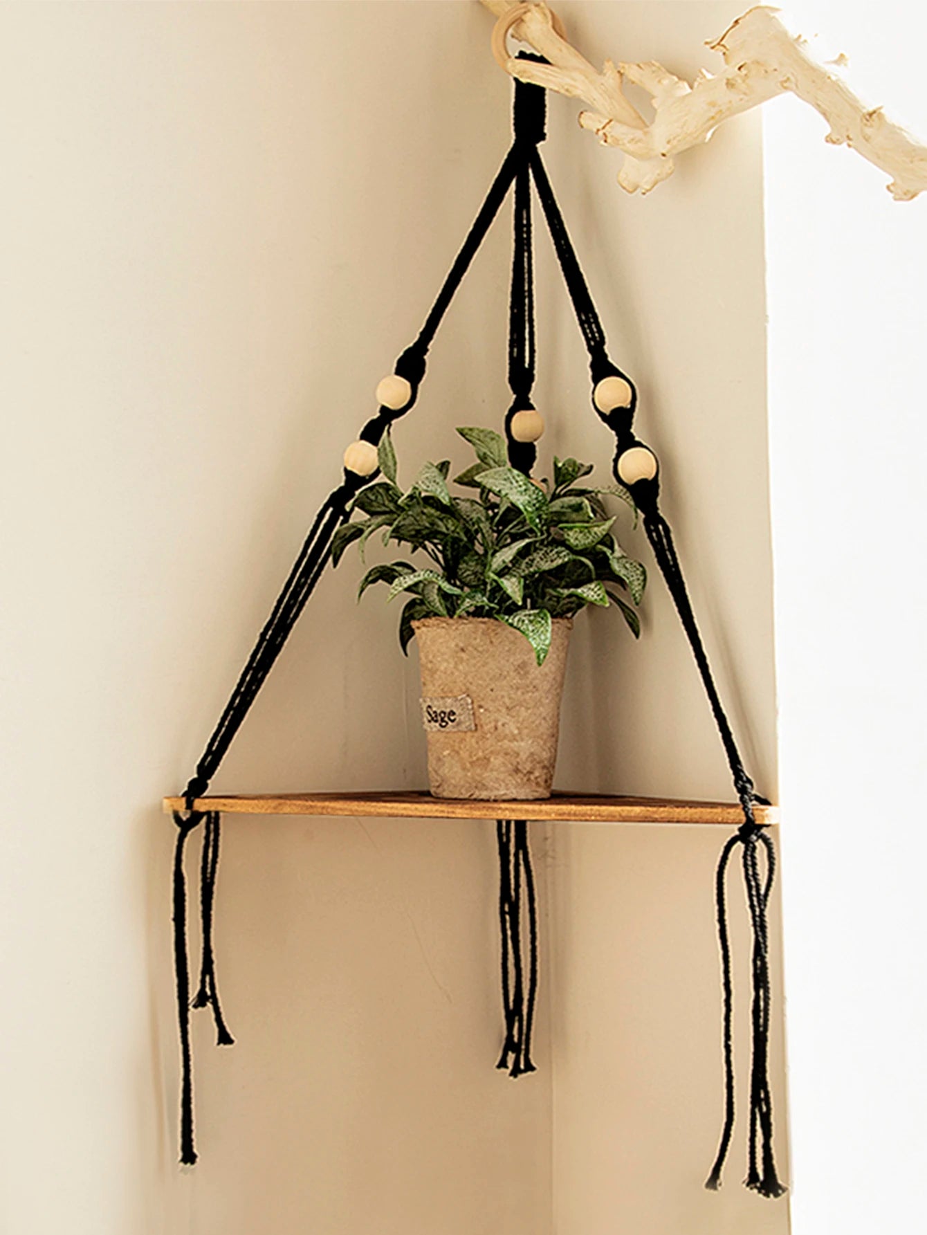Juniper Macrame Wooden Corner Shelf for Wall – Floating Boho Display