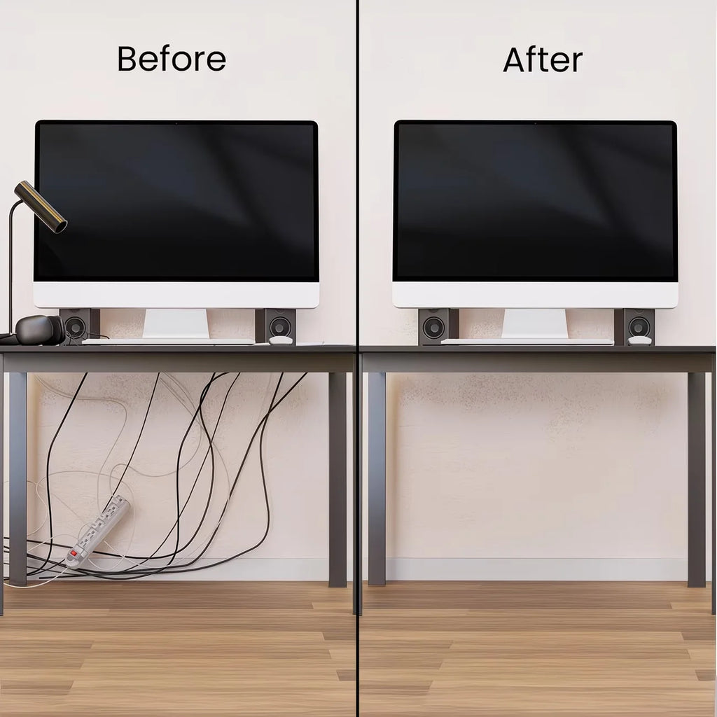 Before and after view of a desk setup: visible messy cords vs. tidy cords hidden in a cable tray
