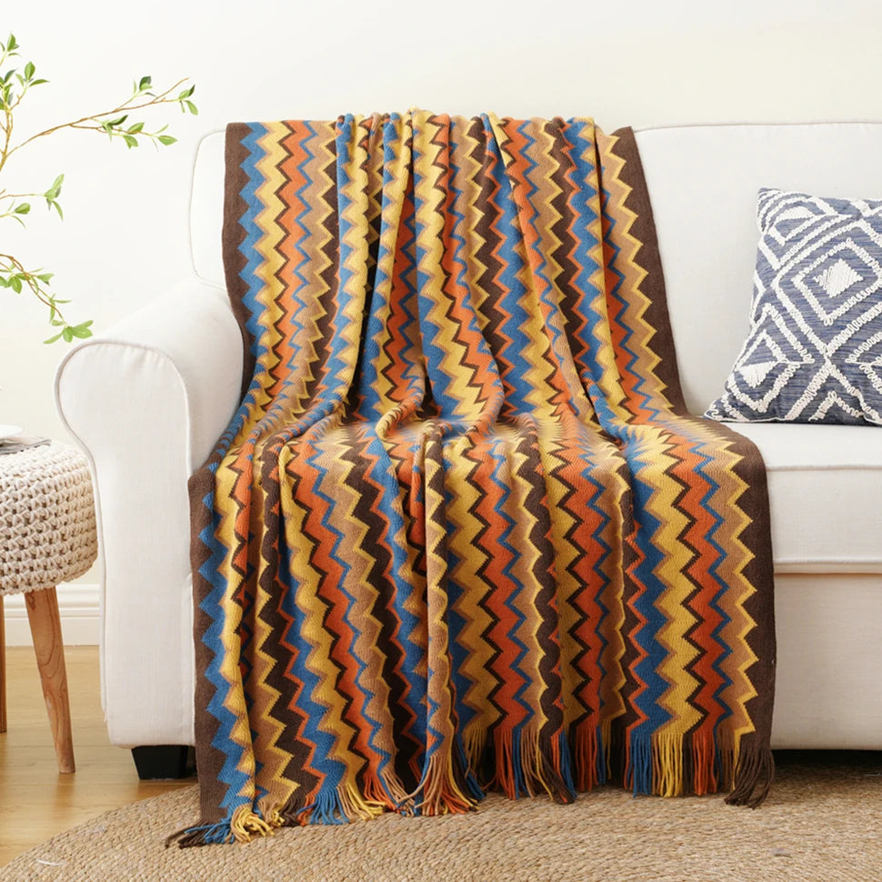 Boho Knit Throw Blanket with Tassels for Sofa or Bed