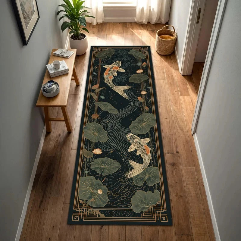 Ryusui Vintage Koi Pond Runner Rug – Non-Slip Washable Hallway & Entryway Accent