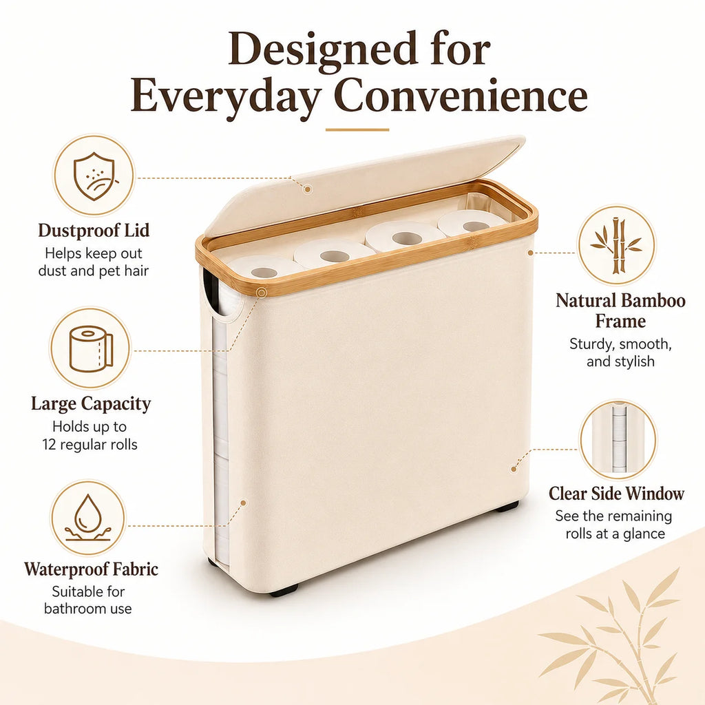 Slim Foldable Bathroom Storage Bin with Lid, Bamboo Frame & Fabric Sides – Holds 12 Toilet Paper Rolls or Laundry in Black, Light Grey