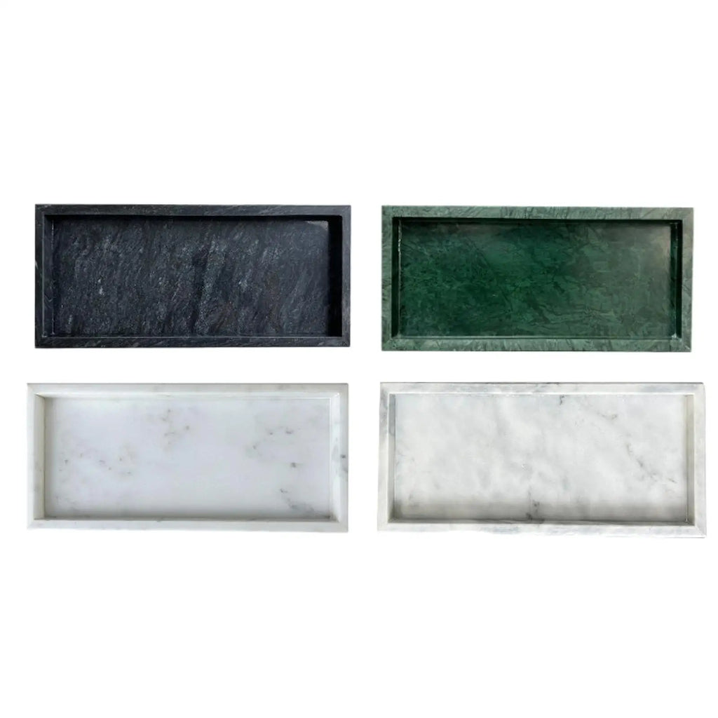 Rectangular green, black, and white marble trays displayed for color comparison