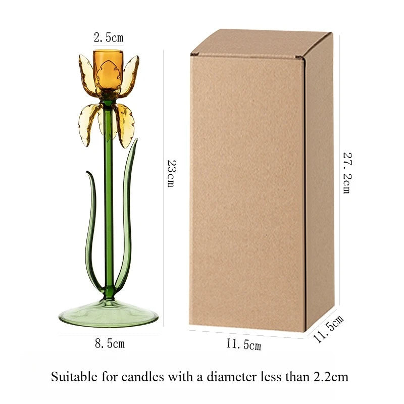 Iris Flower Glass Taper Candle Holder for Dining Table & Cozy Decor, Pink or Yellow