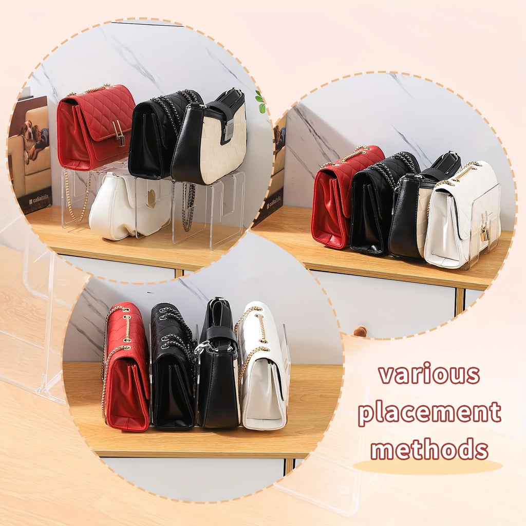 Example placements of purses using the clear organizer on a wooden shelf