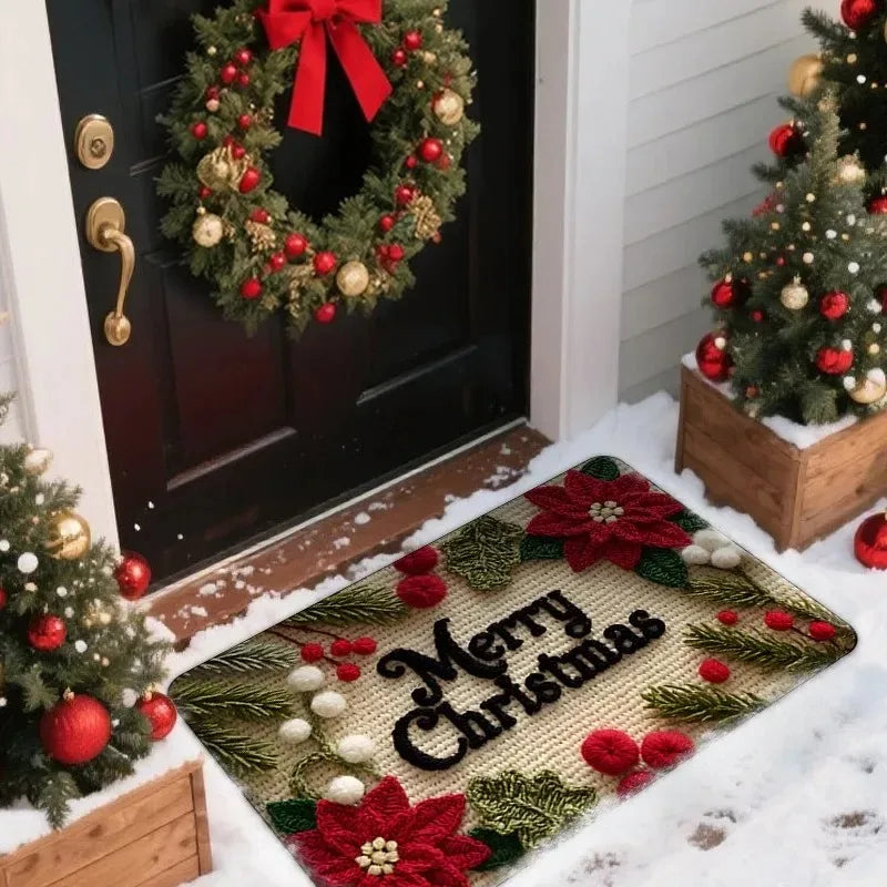 Festive Holiday Welcome Mat with Non-Slip Backing for Entryway or Porch, 60x40cm – Santa, Reindeer & Christmas Motifs