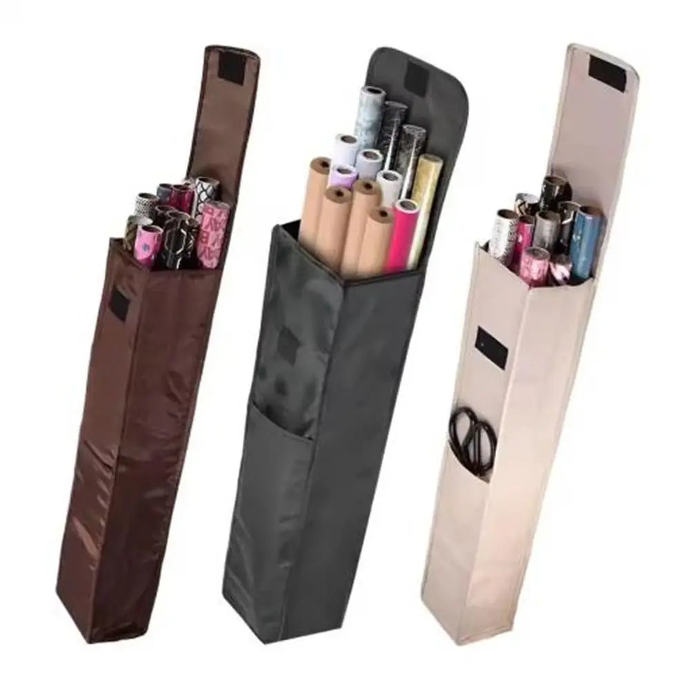Three Oxford cloth wrapping paper storage bags in coffee, black, and beige colors, holding assorted rolls and accessories.