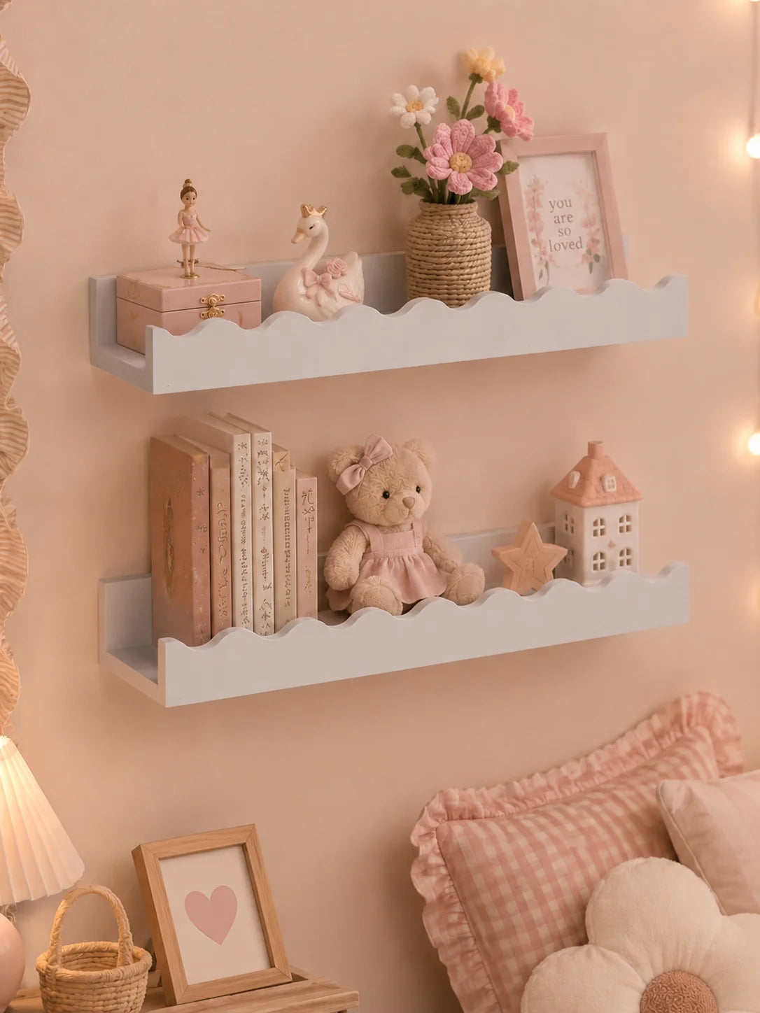 White Wavy Wooden Floating Shelf for Nursery and Kids’ Rooms