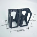 Black wall-mounted power tool holder with measurements shown for garage or workshop storage