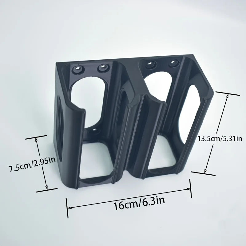 Black wall-mounted power tool holder with measurements shown for garage or workshop storage
