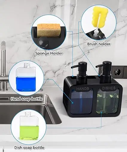 Kitchen sink dual soap dispenser in black, diagrammed with callouts for sponge holder, brush holder, hand soap bottle, and dish soap bottle
