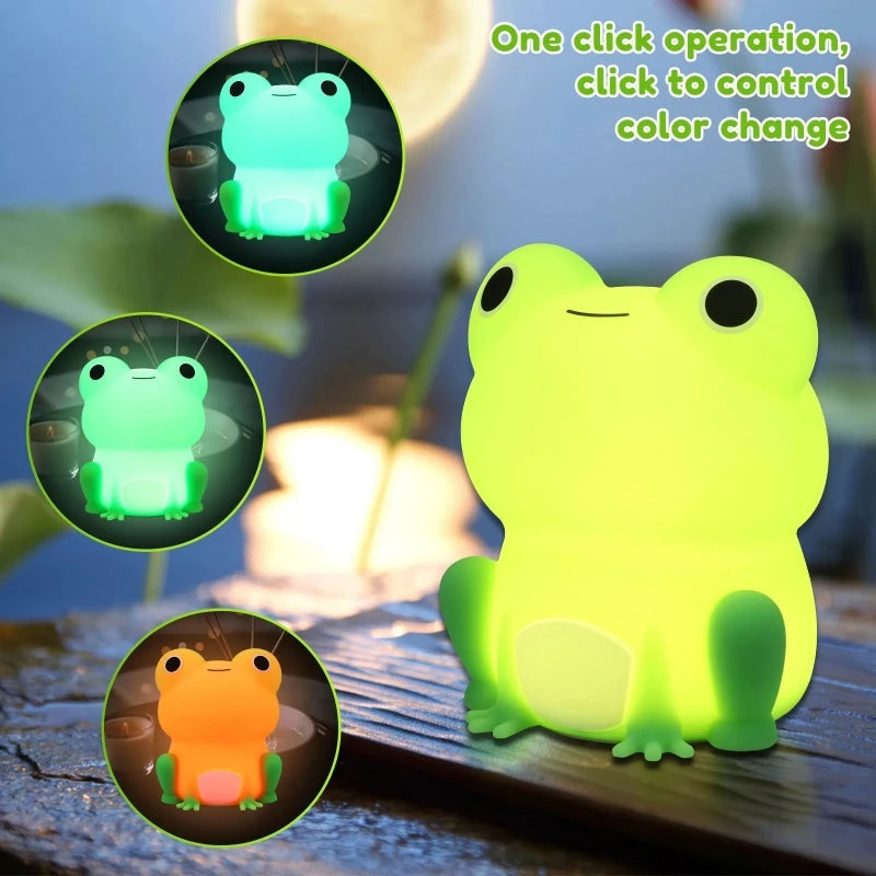 Frog silicone night light displaying turquoise and orange color modes