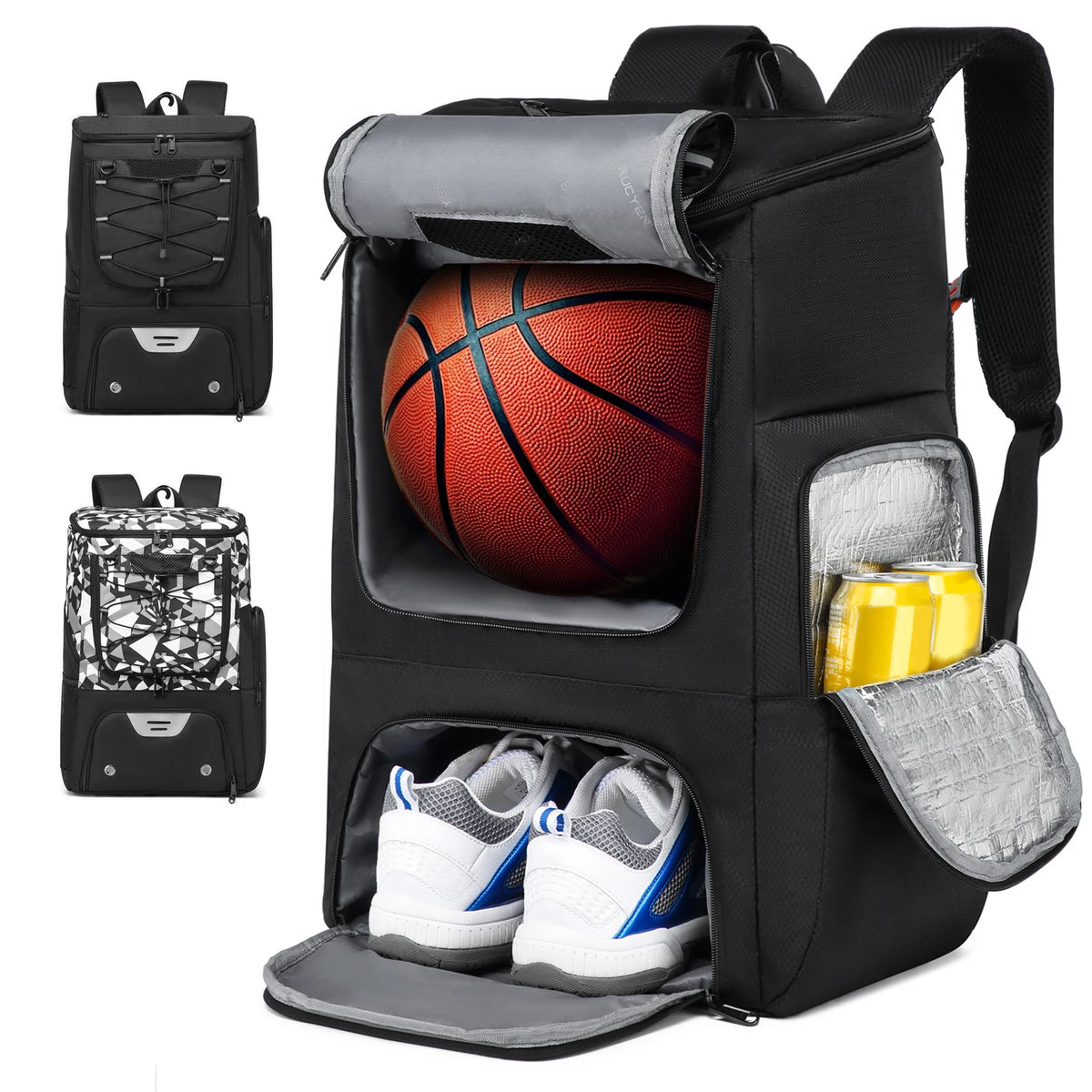 Black sports backpack with ball storage, shoe compartment, and insulated pocket, shown with basketball and shoes inside