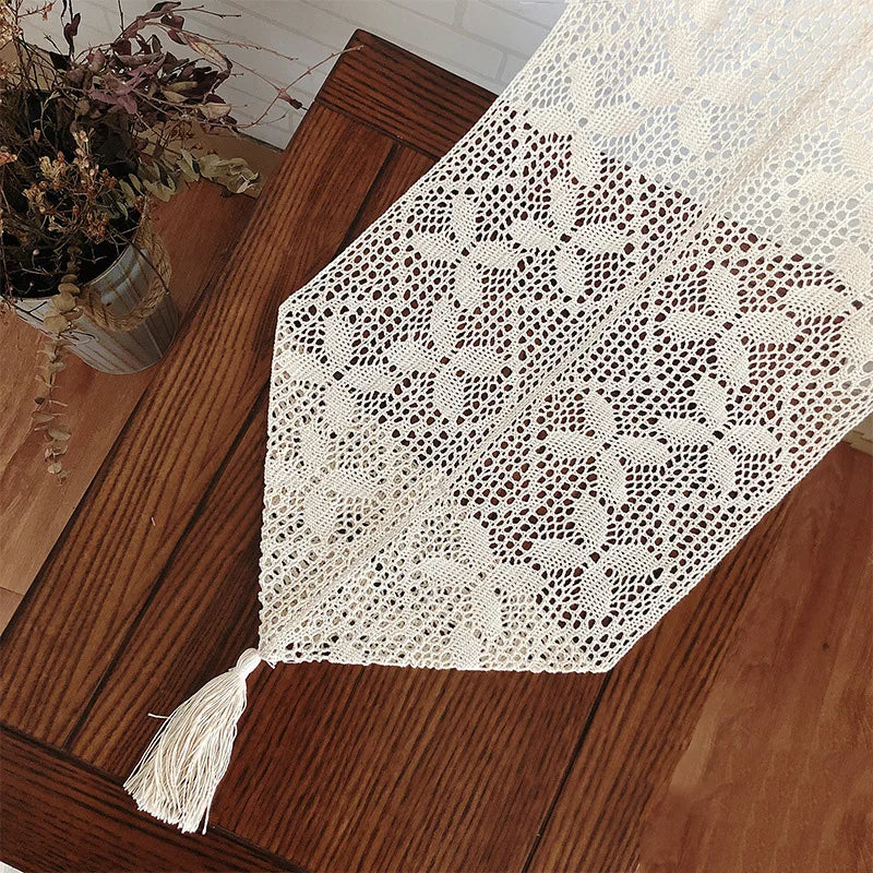 Arden Crochet Lace Table Runner with Tassel – Beige Cotton Blend