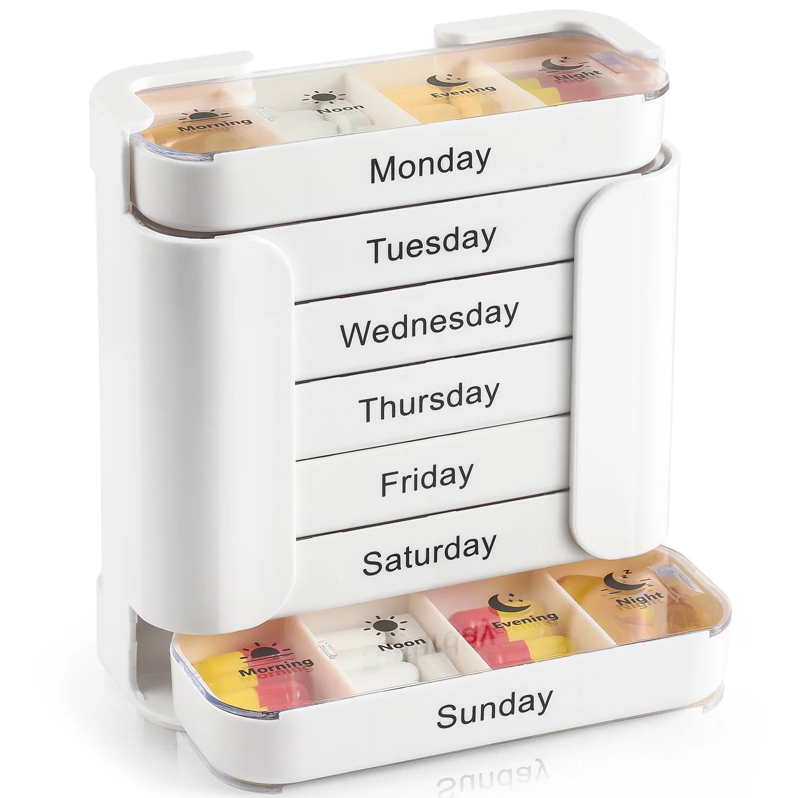 Weekly pill organizer with stacked labeled trays and four time-of-day compartments, shown with pills inside