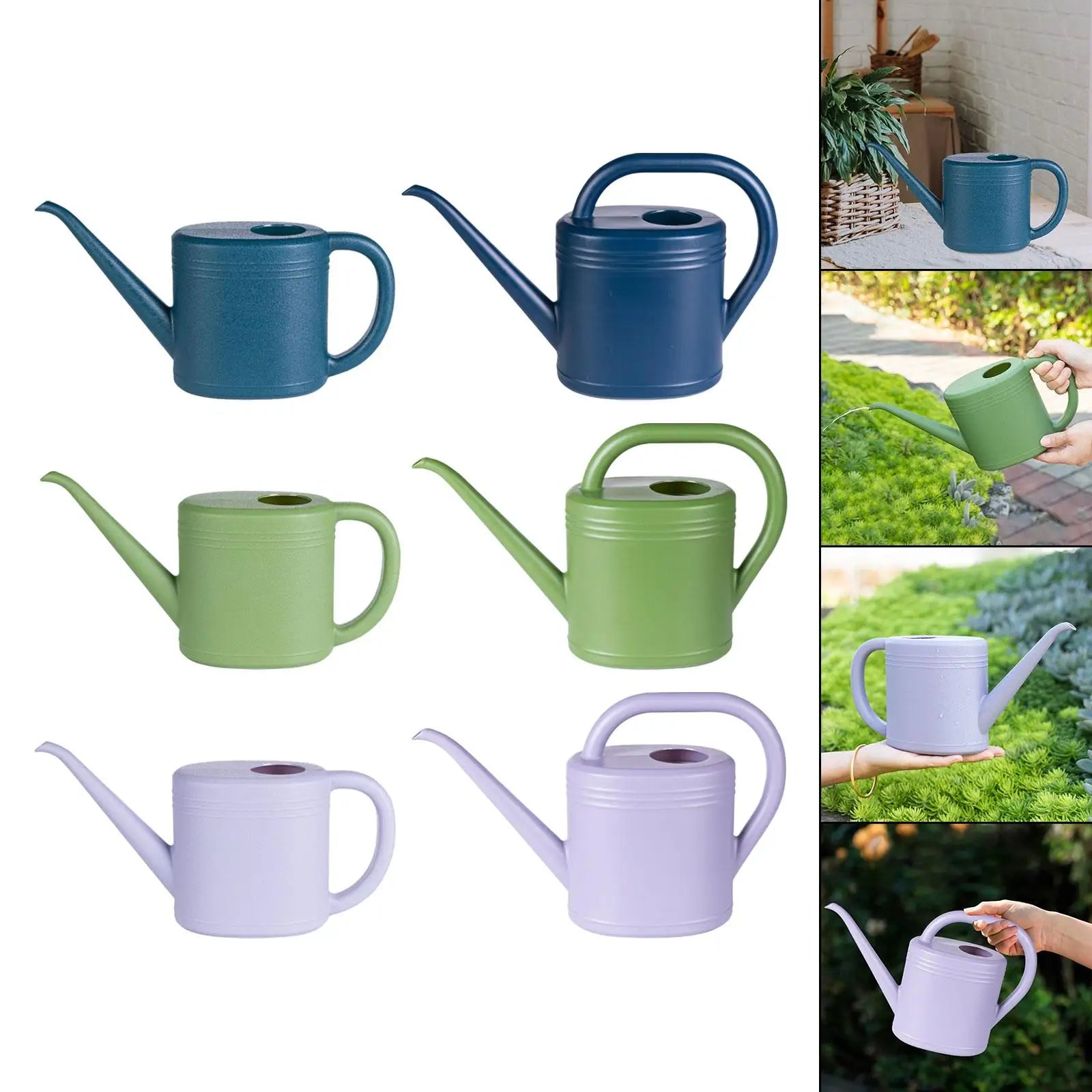 Display of watering can color options and practical plant care scenarios