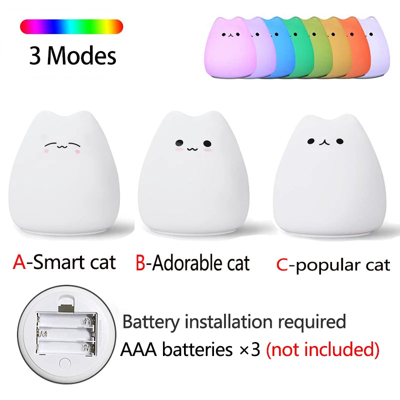 Three silicone cat night lights in different facial styles with color options and battery info