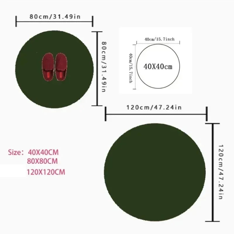 Size chart for round mandala rug with 40cm, 80cm, and 120cm diameters in centimeters and inches