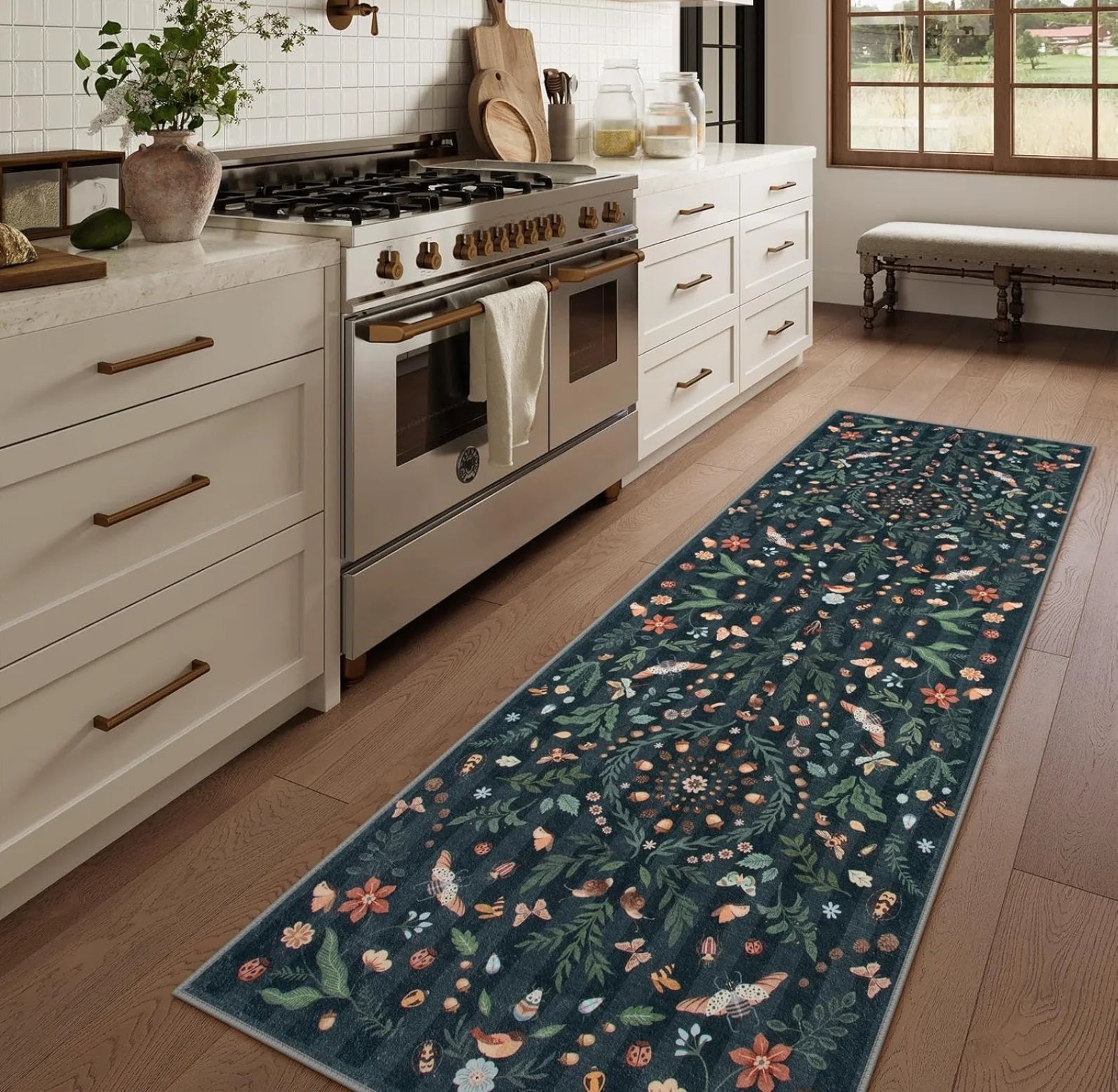 Willowmere Dark Floral Runner Rug for Kitchen, Hallway, or Entryway
