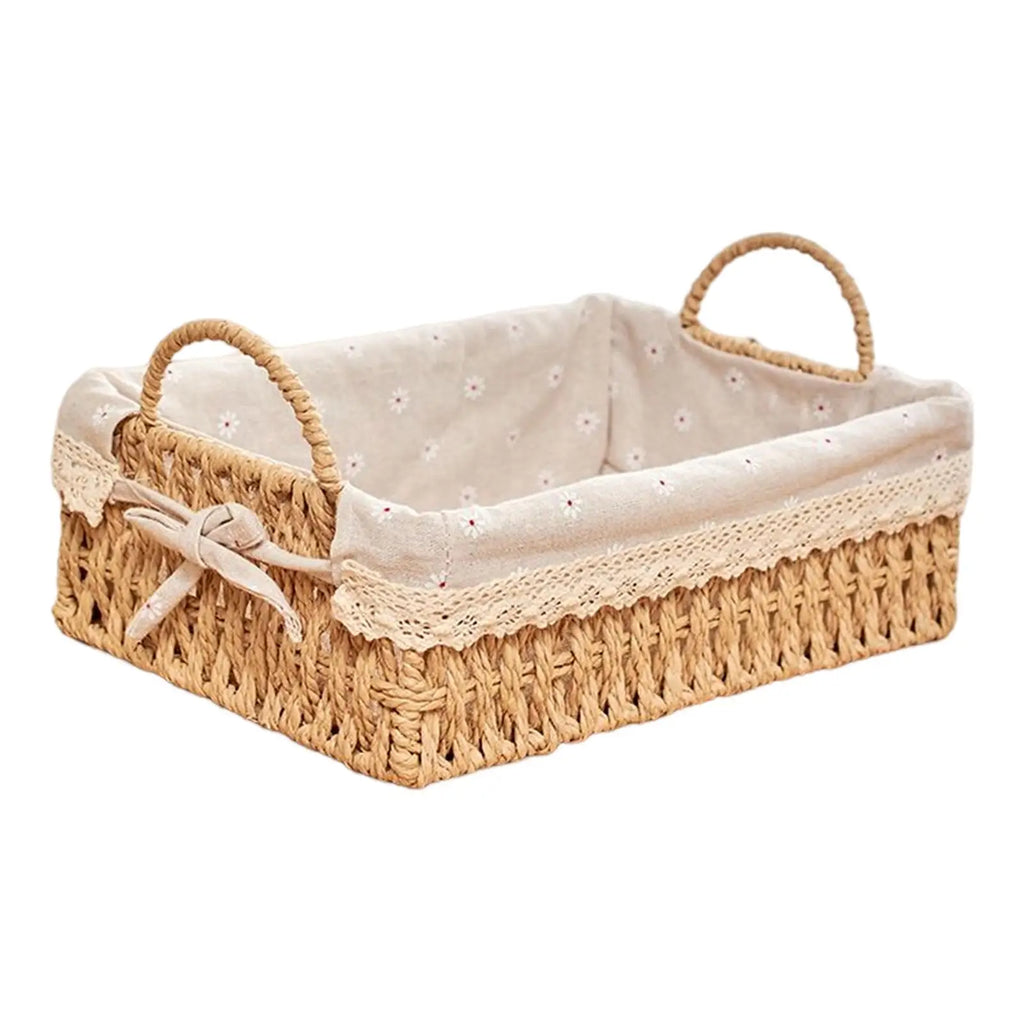 Rectangular woven storage basket with removable fabric liner and handles