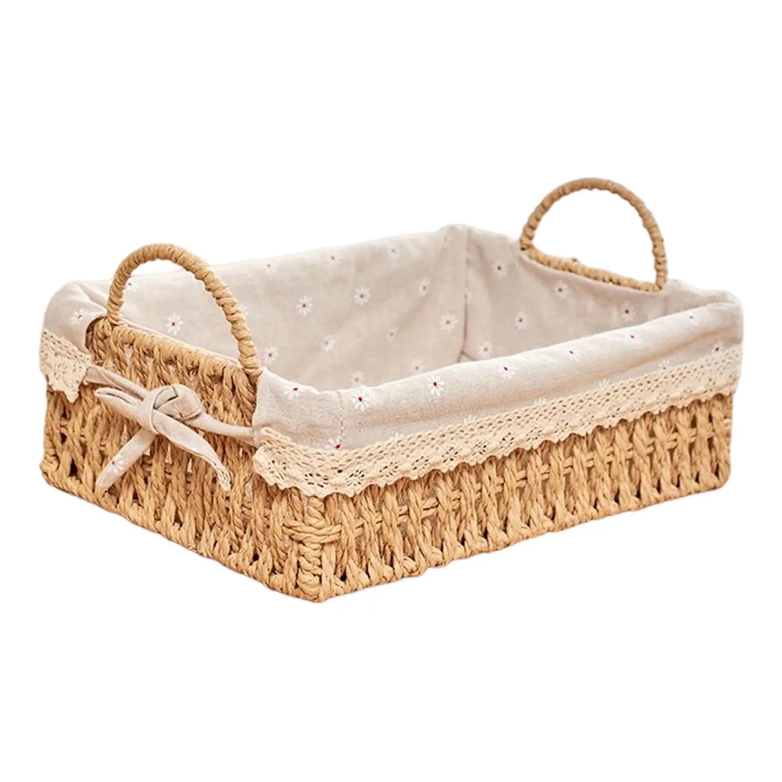 Rectangular handwoven storage basket with linen liner and side handles