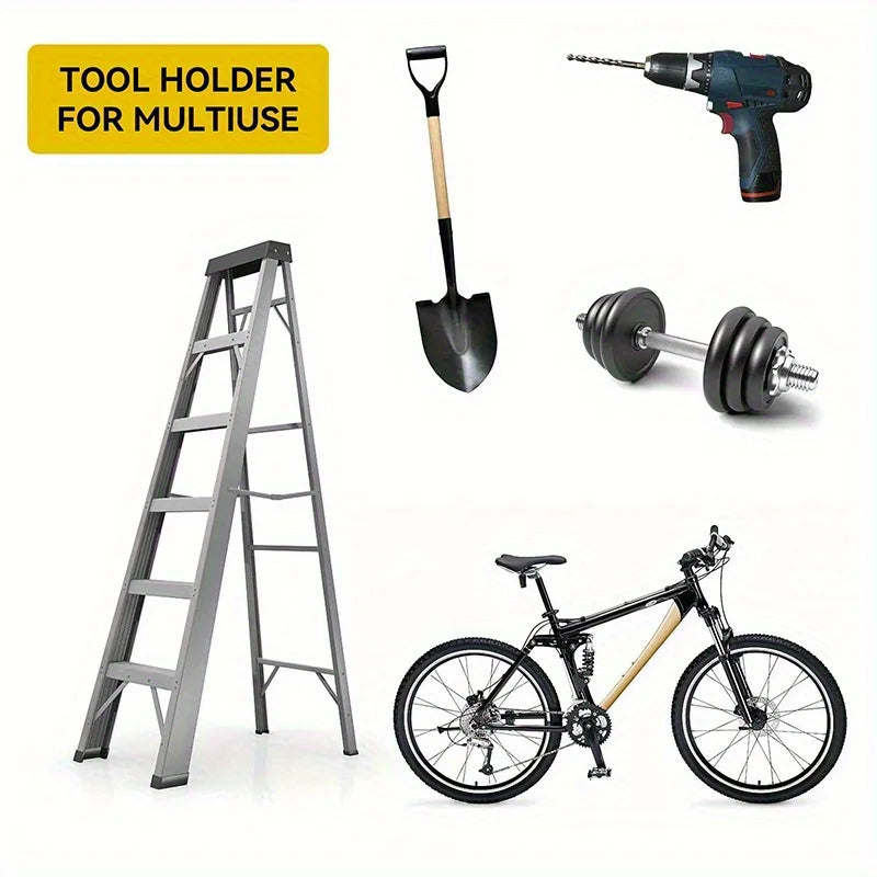 Illustration showing wall tool holder used with ladder, shovel, drill, dumbbell, and bicycle