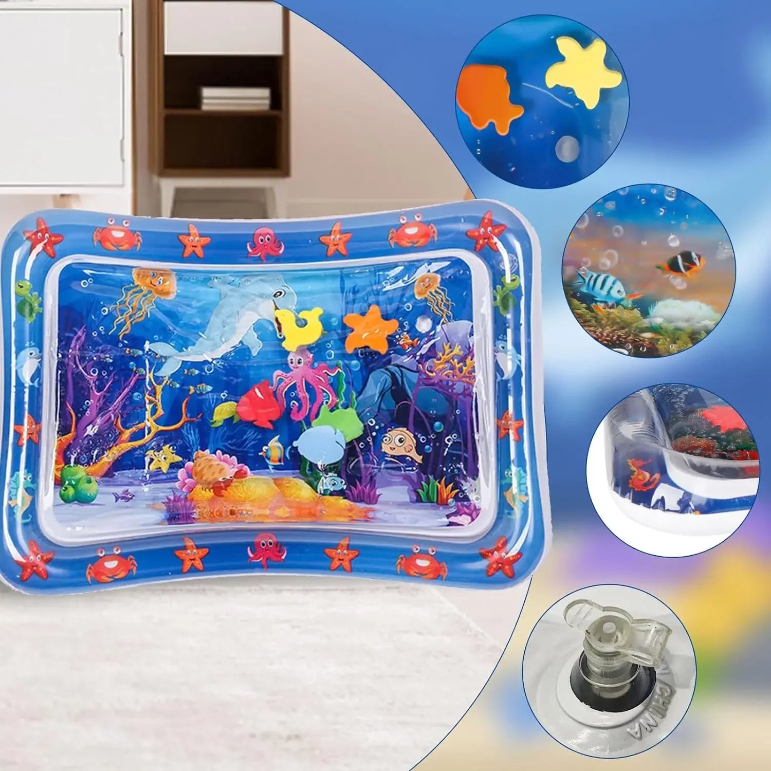rectangular inflatable pet water mat with ocean scene and floating animal shapes, close-up details shown