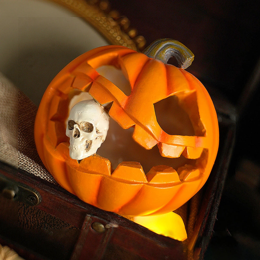 Willowmere Halloween Pumpkin Lantern with Skull | Resin Table Centerpiece for Porch, Garden, or Patio