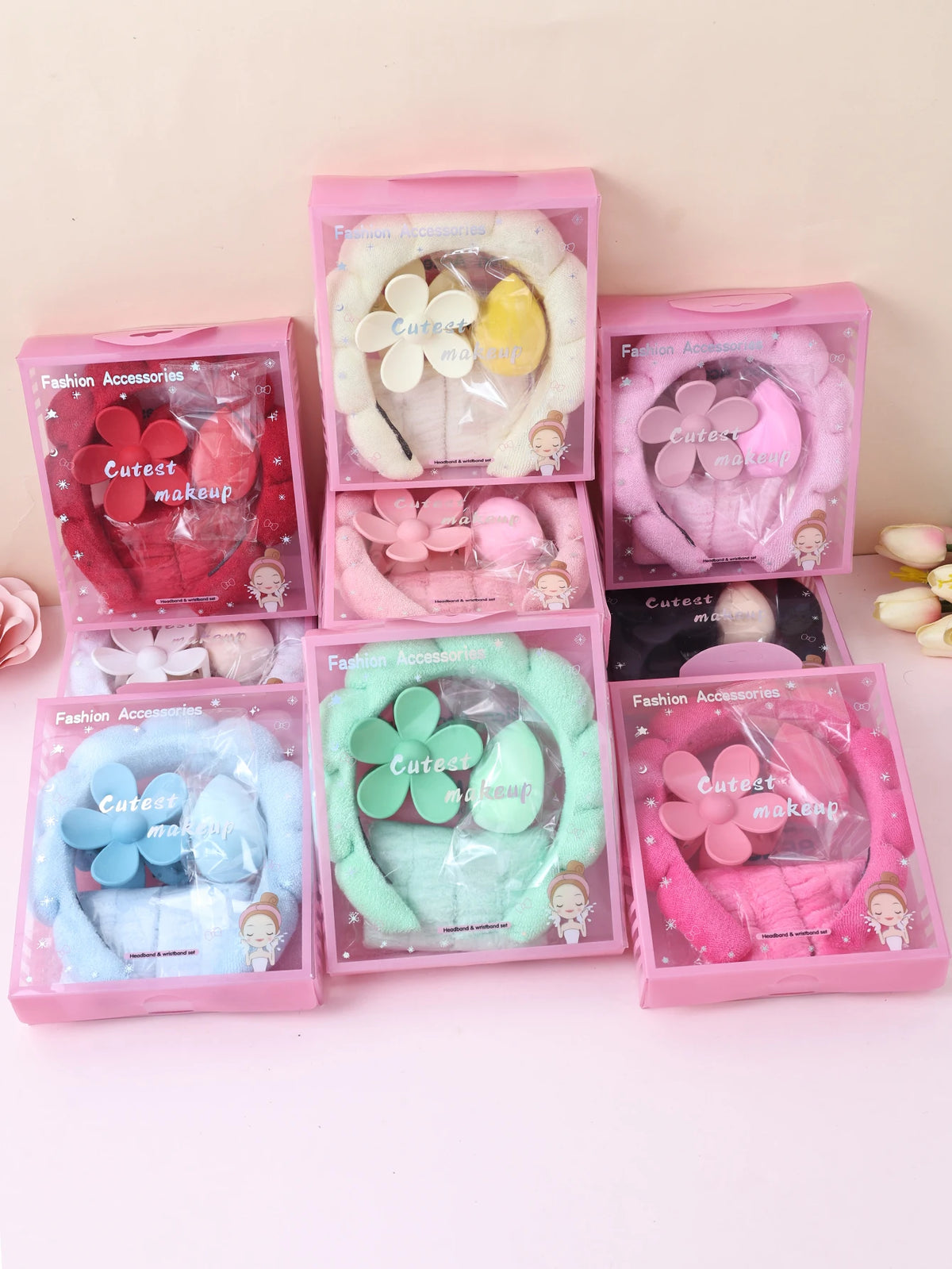Fresh Bloom Spa Headband and Wristband Gift Set with Flower Hair Claw Clip – Soft Polyester, Multiple Colors