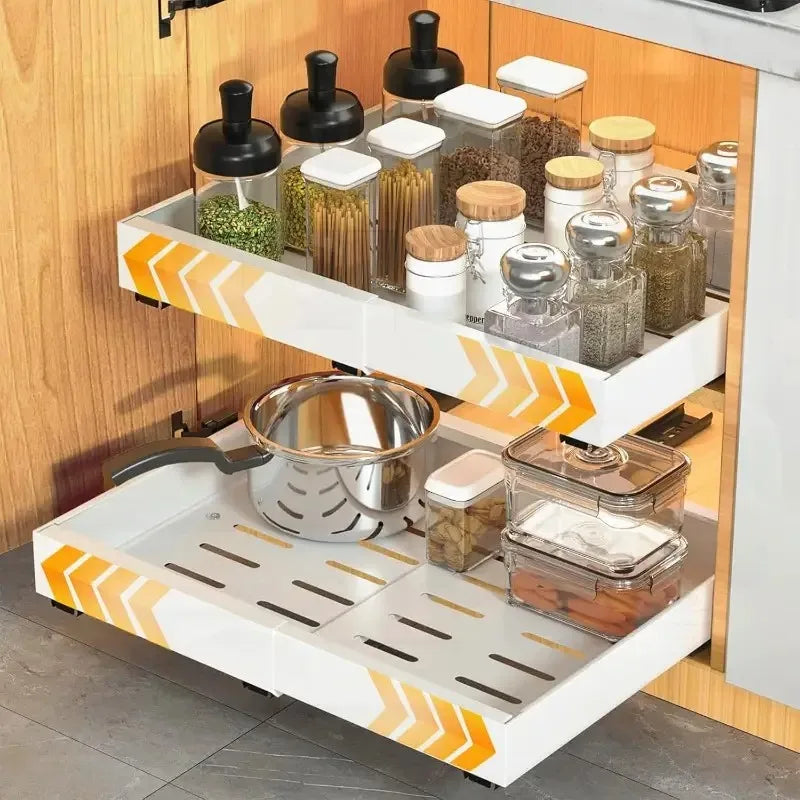 Expandable pull-out cabinet organizer rack with jars and cookware in kitchen cabinet