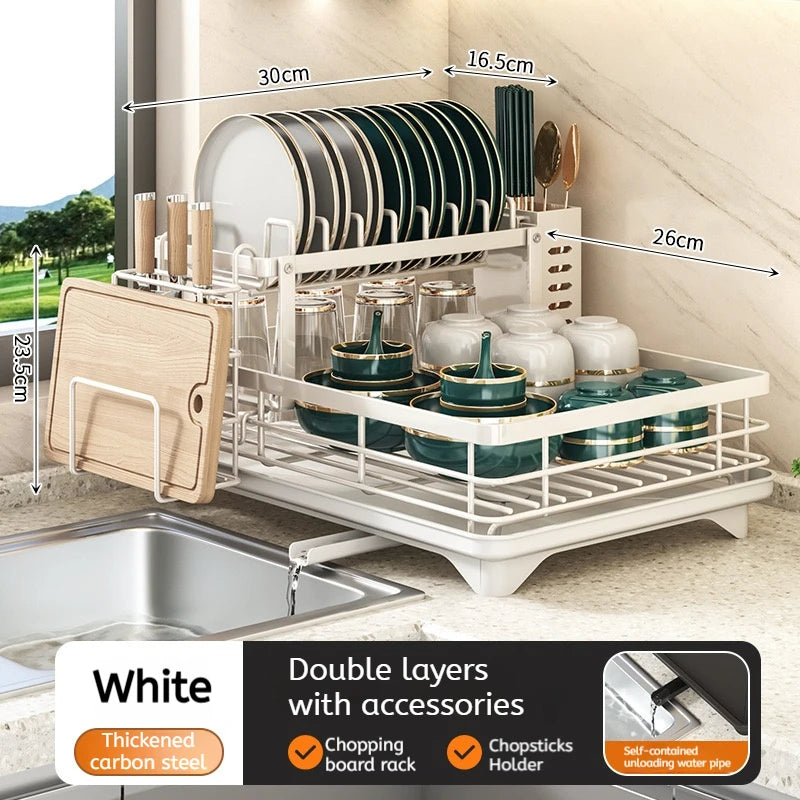 Adjustable 2-Tier Carbon Steel Dish Drying Rack with Drainboard for Kitchen Counter Organization