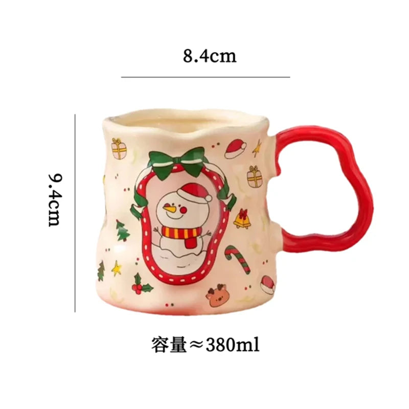Snowman ceramic Christmas mug with red handle, showing dimensions and 380ml capacity
