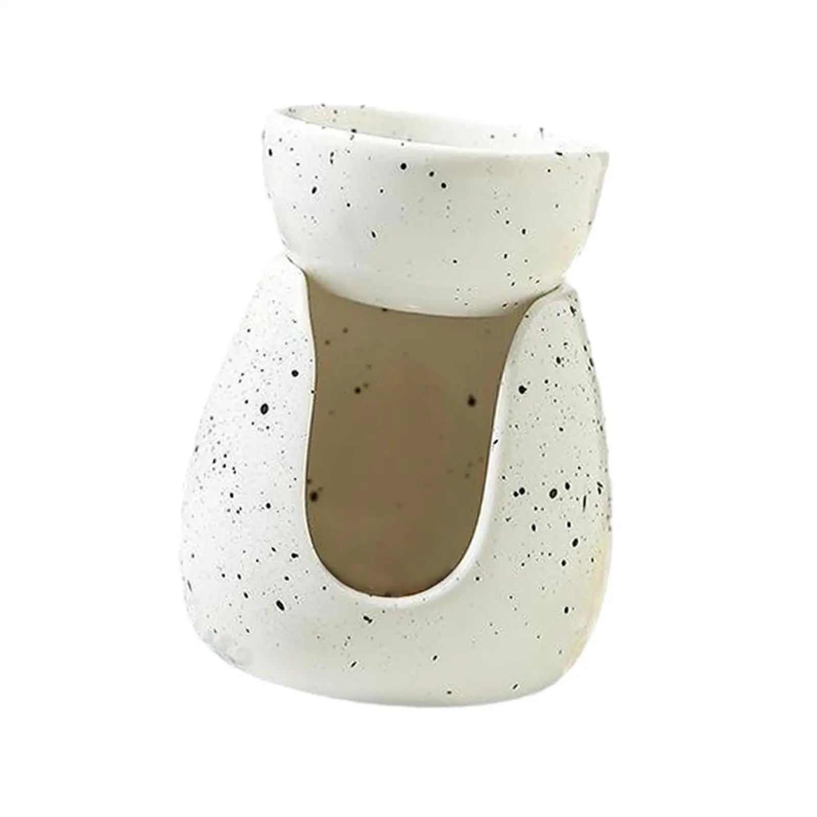 Empty white ceramic oil burner with open bowl and speckled finish