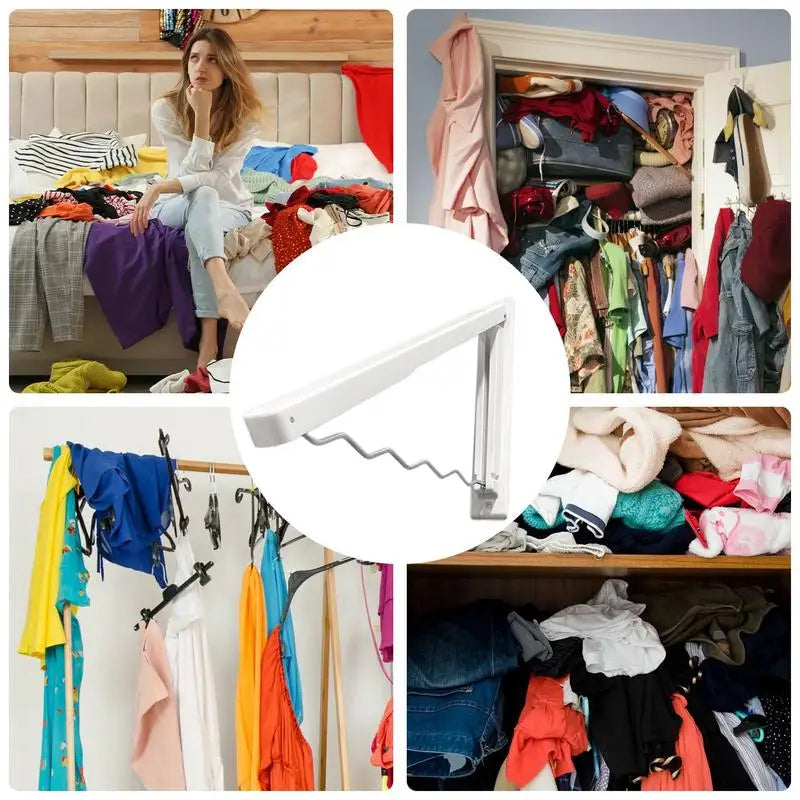 Lifestyle view of wall-mounted clothes rack on tiled wall with hanging garments