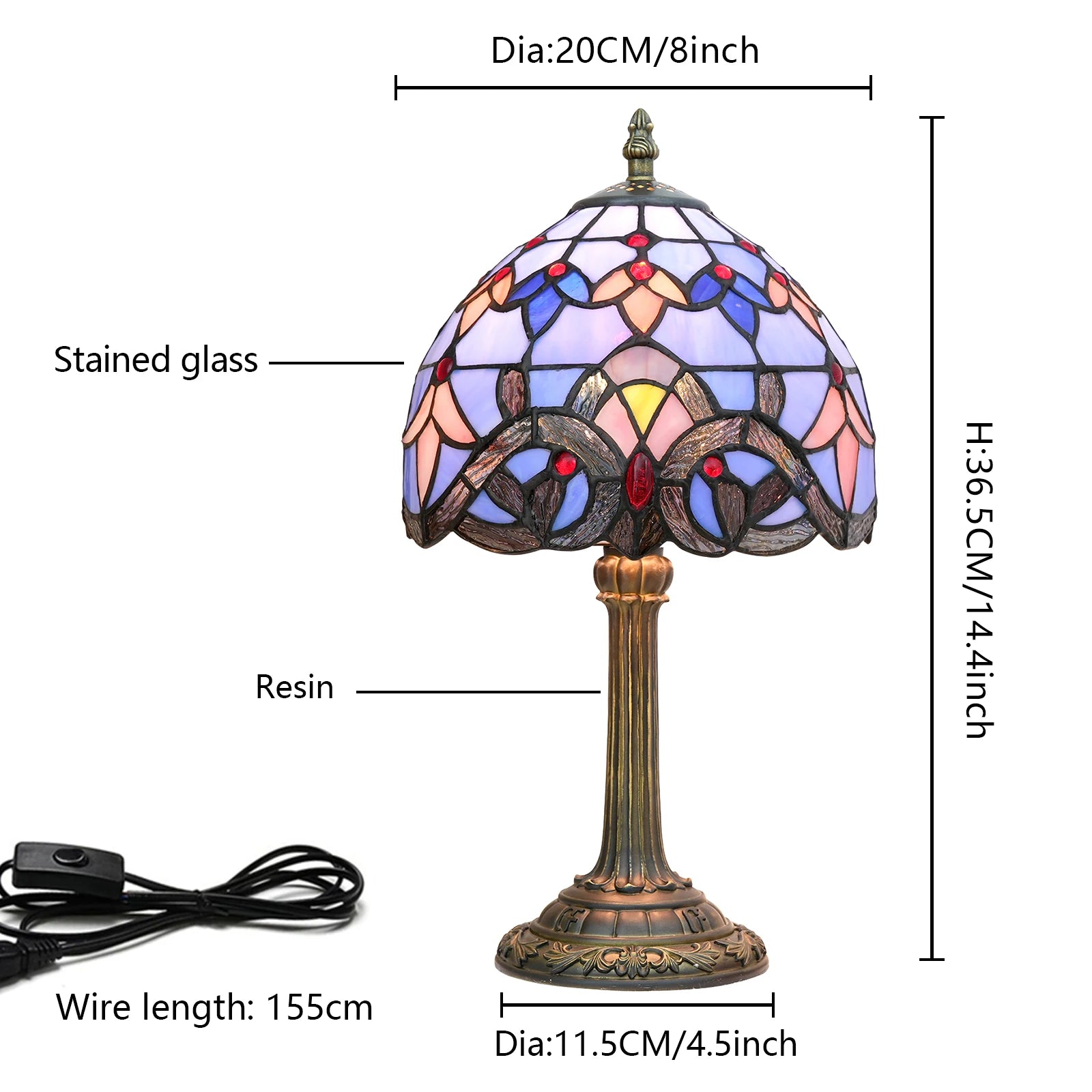 Stained glass table lamp with measurements and details shown