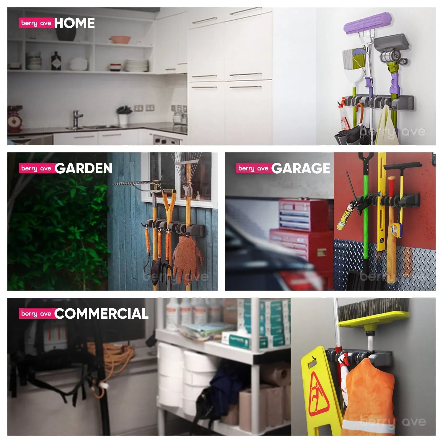 Wall-Mounted Mop and Broom Holder Rack for Kitchen, Laundry, or Garage