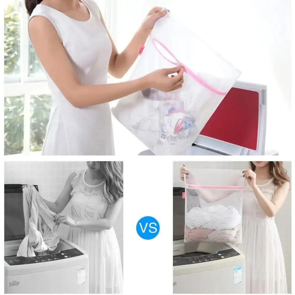 Person placing mesh laundry bag into washing machine, showing how to use for laundry