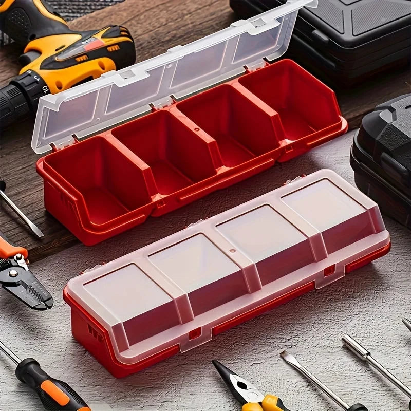 Red plastic small parts organizer box with three compartments and a clear lid shown among hand tools