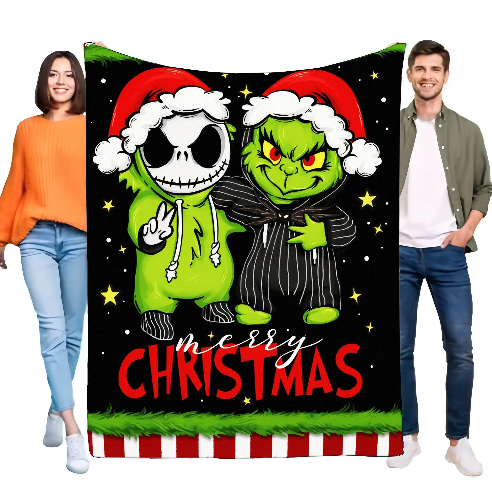 Christmas flannel throw blanket with cheerful graphic holiday characters, displayed by two people