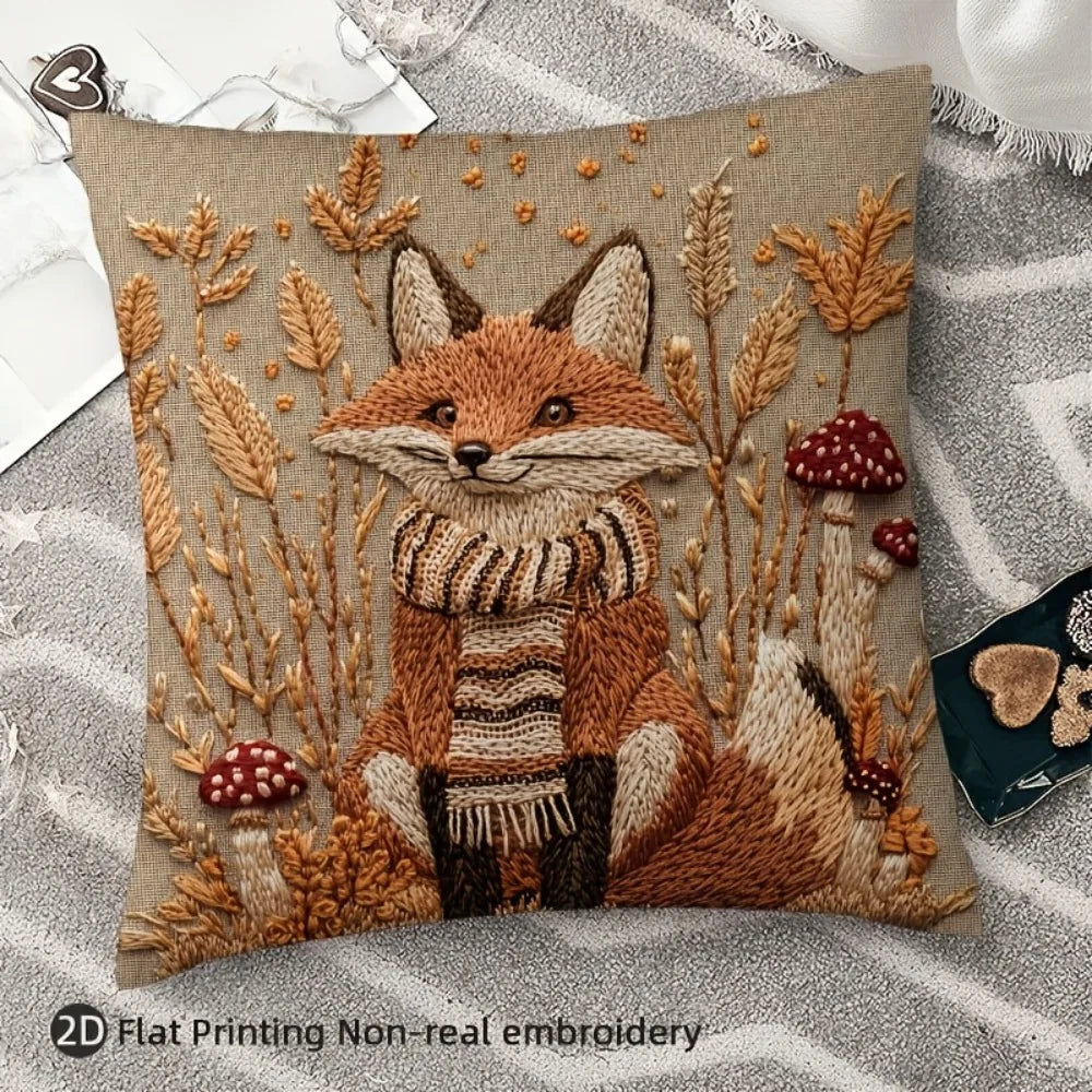 fox printed pillow cover with faux embroidery design in earthy autumn tones on a grey rug