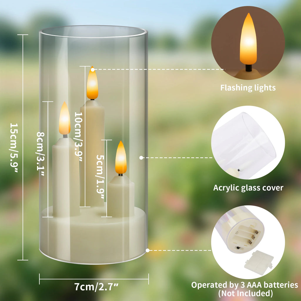 Measurement graphic of the clear cylinder flameless LED candle trio with labeled features and battery compartment