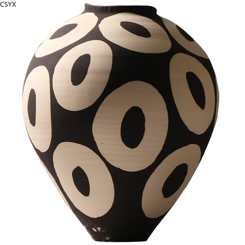 Hand-Drawn Geometric Ceramic Vase for Tabletop Arrangement